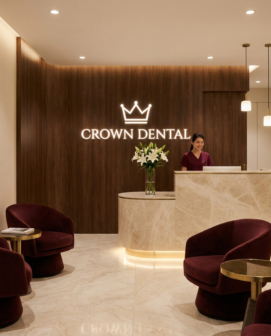 Crown Dental reception, backlit signage on walnut
